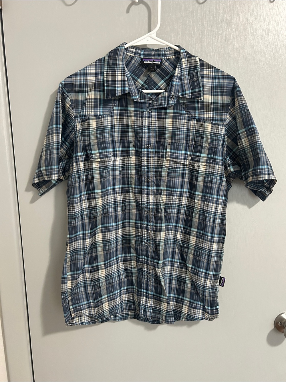 Patagonia Men’s Navy and Light Blue Plaid Button-Up Shirt